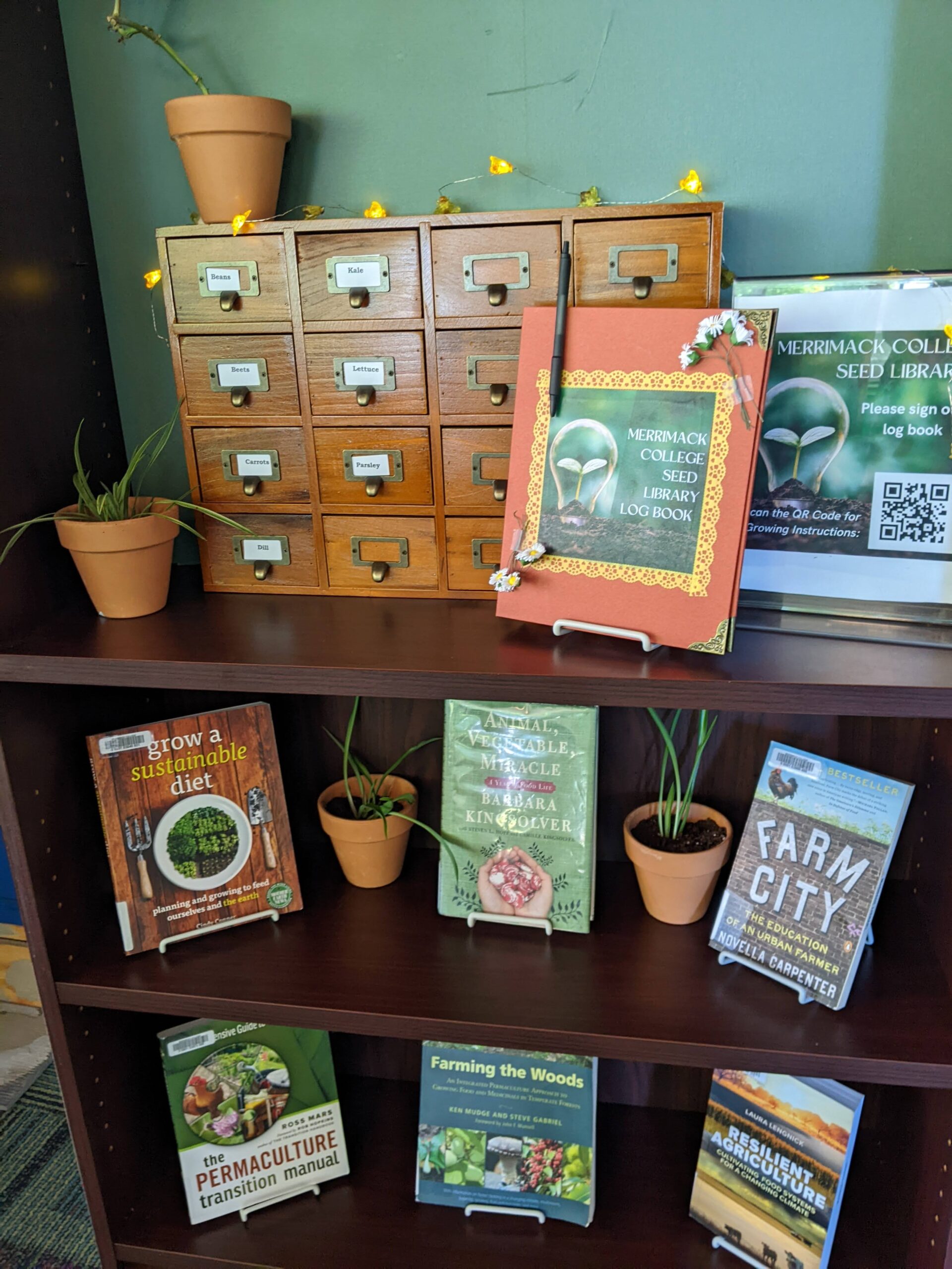 This image is of a book shelf with garden-related books on the bottom and a seed library on the top in a card catalog-type box.