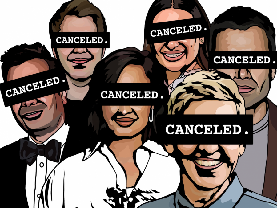 Cartoon image of celebrites who have been canceled, with a black box crossed through their eyes that states in bold letters "canceled" 