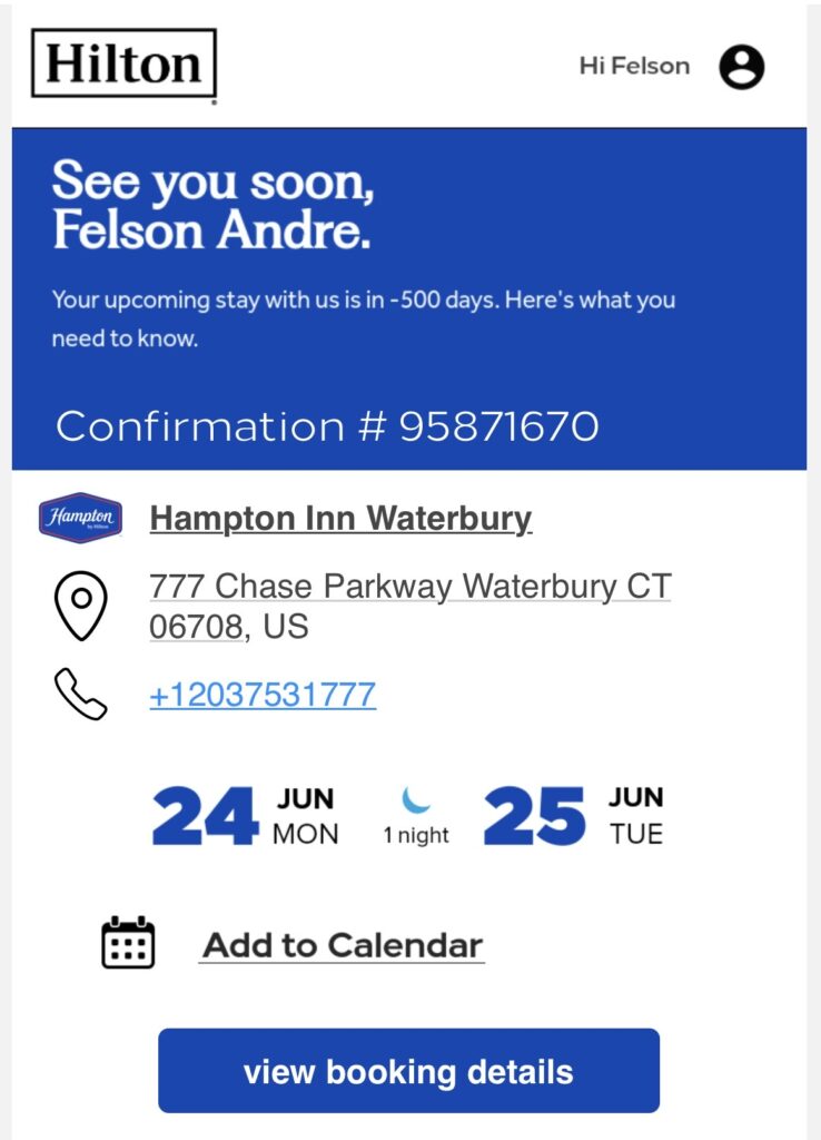 Hampton Inn Waterbury hotel reservation confirmation for 1 night on Monday, June 24, 2024, to Tuesday, June 25, 2024