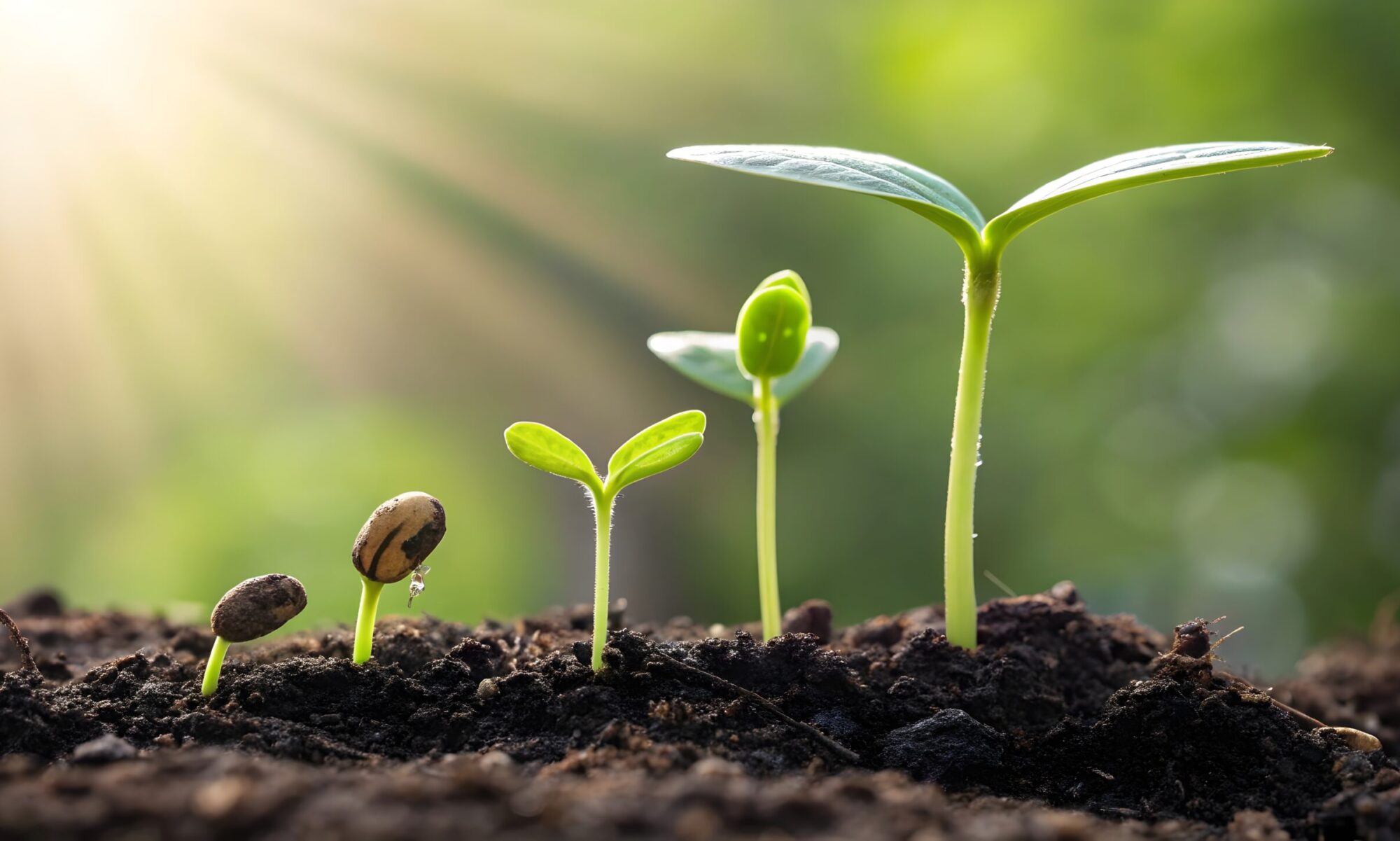 Five bean seedlings in various stages of growth emerge from soil.