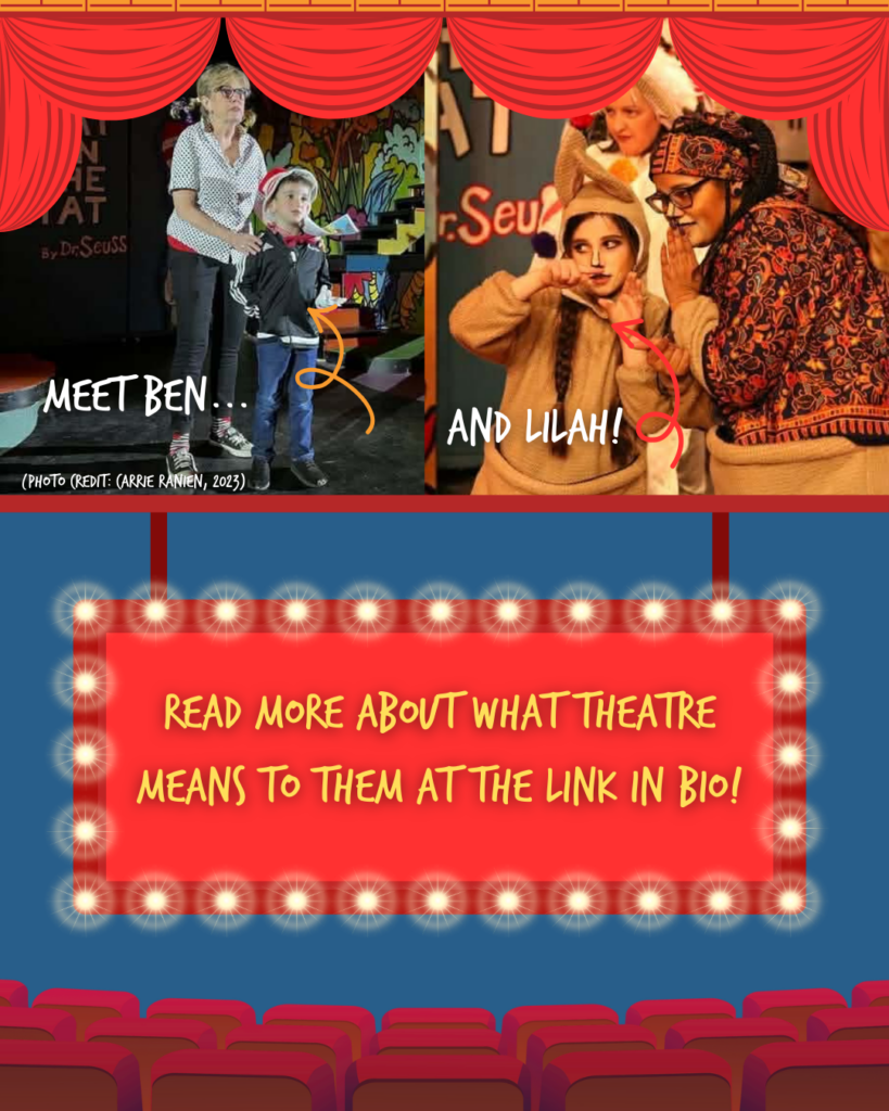 A flyer advertising the article. At the top of the page there is a graphic of a red theatre curtain. Top right: Lilah, a young girl, is dressed as a kangaroo as she performs on stage in Seussical. Top left: Ben, a young boy, stands  on stage in front of an older woman wearing a "Cat in the Hat" hat during the pre-show announcements. The text  is on a red marquee graphic and reads: "Meet Ben... and Lilah! Read more about what theatre means to them at the link in bio."