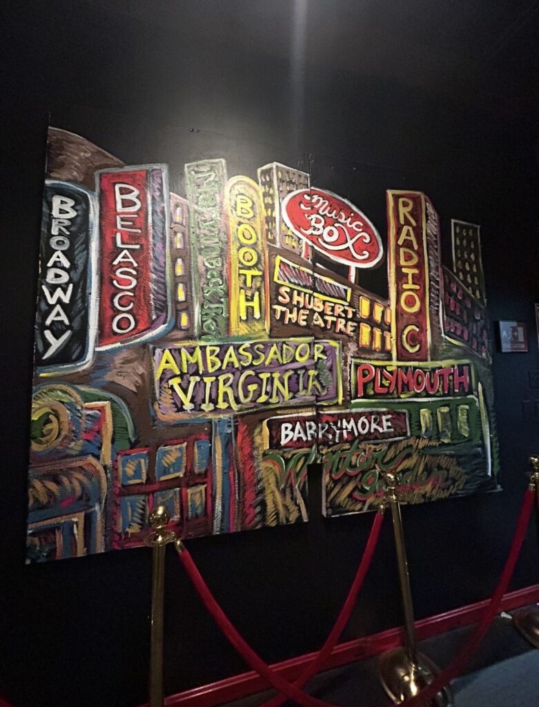 A large canvas painted in a cartoon style depicts various Broadway theatres. It hangs on a black wall and is illuminated by a small ceiling light. There also fancy red rope in front of the painting. 